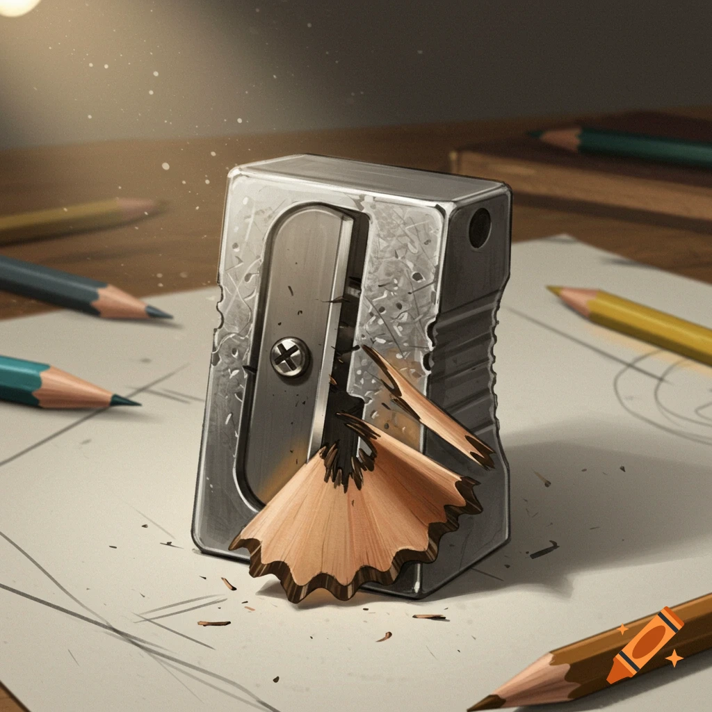 A detailed close-up of a silver pencil sharpener with wood shavings, surrounded by various colored pencils on a drawing surface.