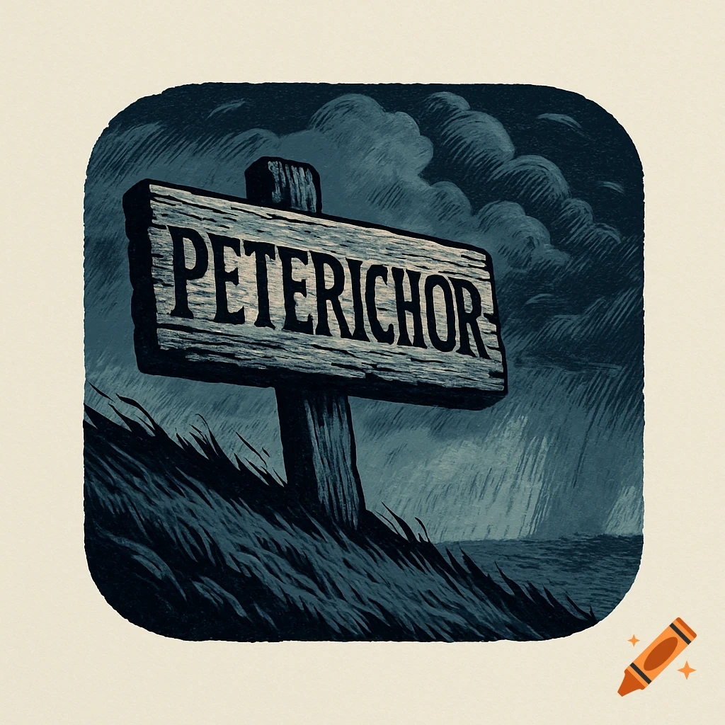 A stylized illustration of a wooden sign reading "PETERICHOR" on a hill under stormy skies with rain.