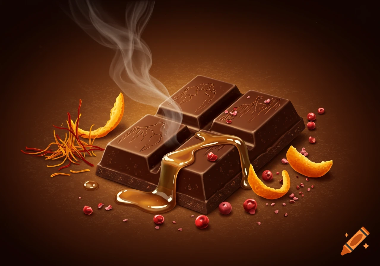 A steaming chocolate bar with dripping caramel, orange peels, red berries, and saffron on a brown background.