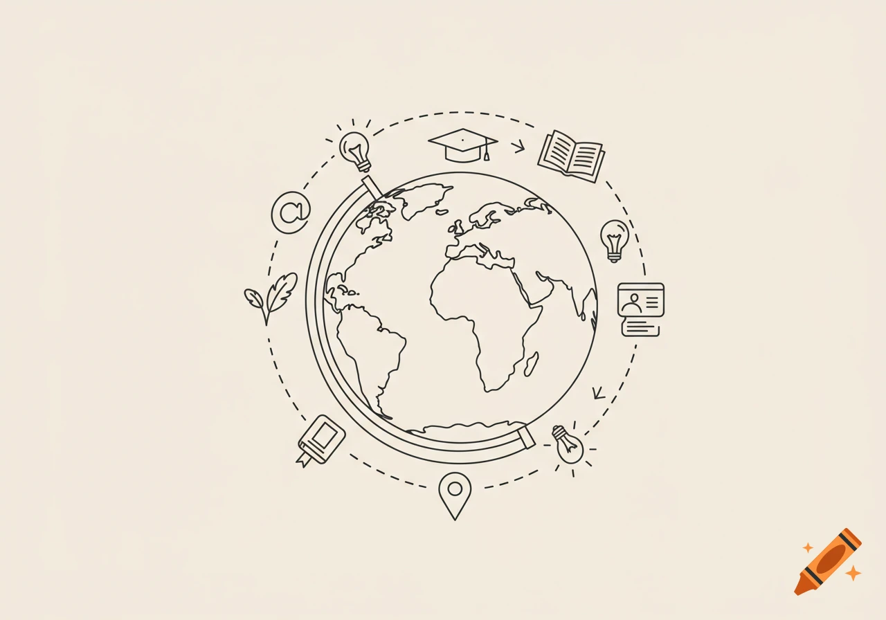 Line drawing of a globe surrounded by icons for learning, ideas, and communication on a light background.