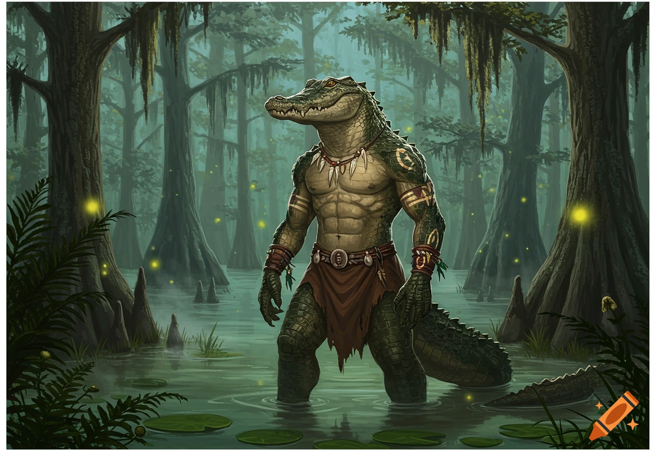 A muscular alligator humanoid in tribal attire stands in a misty swamp with cypress trees and glowing fireflies, rendered in fantasy art style.