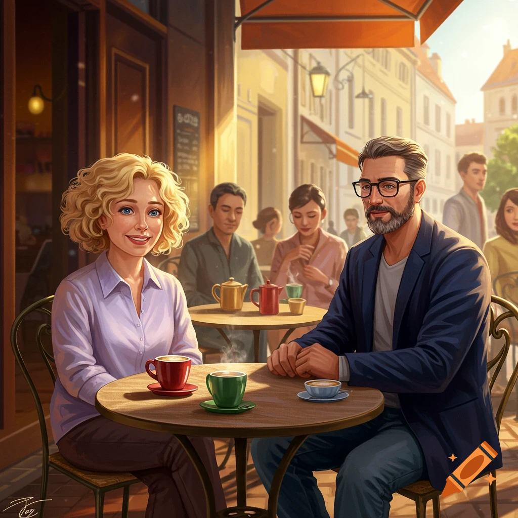 A blonde woman and a bearded man sit at an outdoor cafe table, smiling in warm sunlight. Other patrons are in the background.