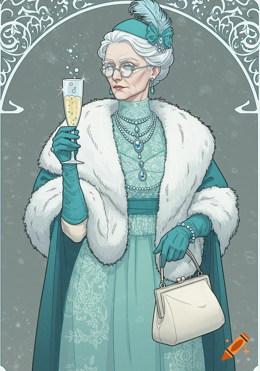 An Art Nouveau illustration of an elegant elderly woman with white hair and glasses, wearing a turquoise gown, fur stole, and elaborate jewelry, holding a champagne flute and handbag.