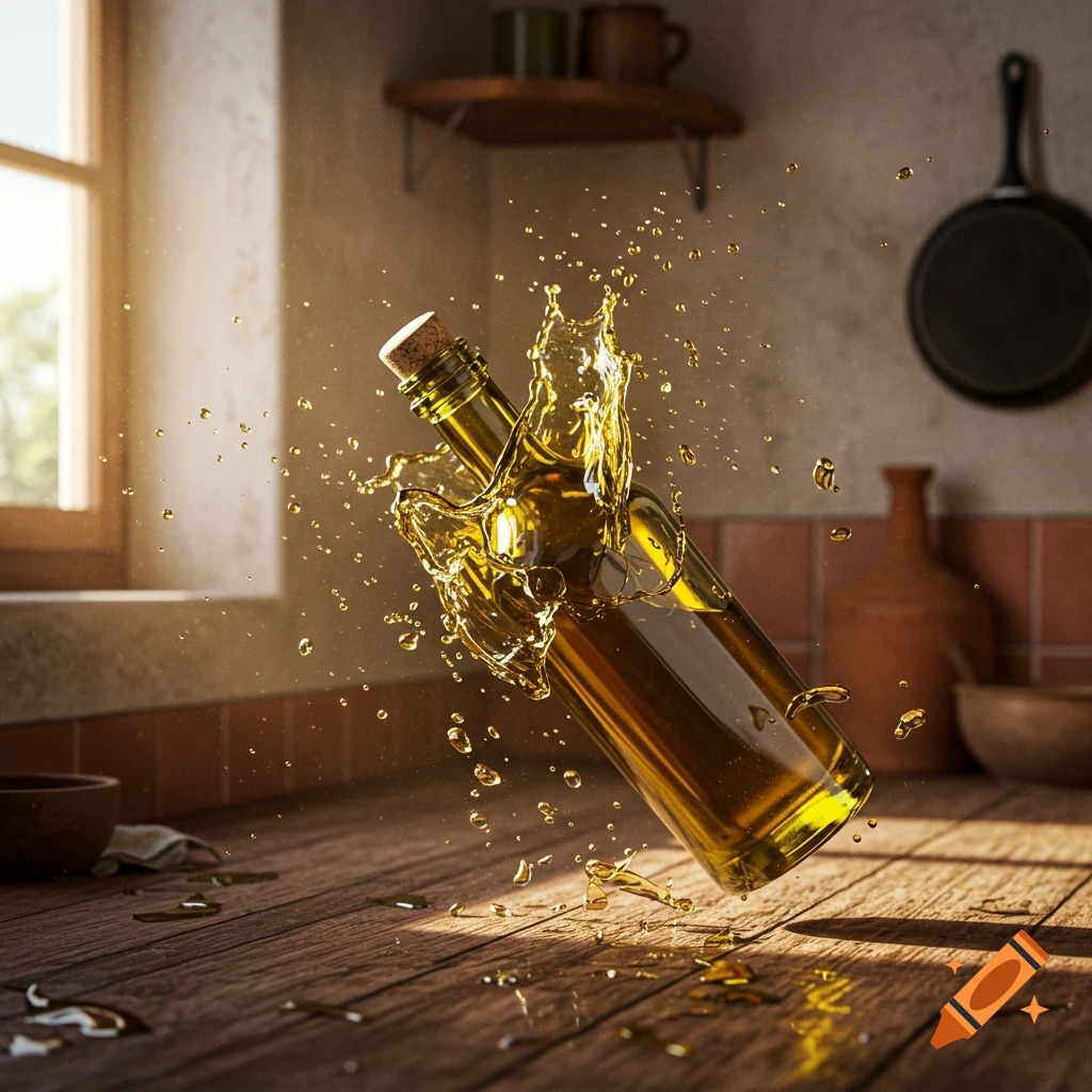 Photorealistic image of an olive oil bottle spilling and splashing oil droplets on a wooden kitchen counter in a sunlit kitchen.
