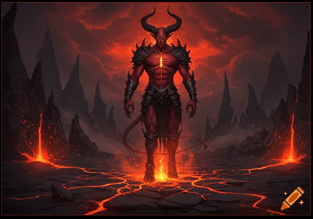 A muscular red devil with large horns and dark armor stands on cracked lava ground under a fiery red sky, with jagged peaks in the background.