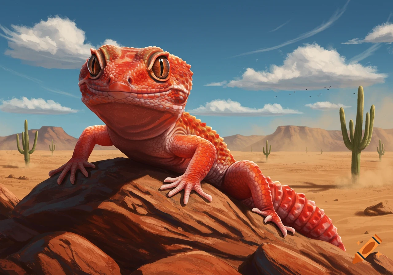 A stylized illustration of a large, smiling red gecko resting on a rock in a sunny desert landscape with cacti and mountains.
