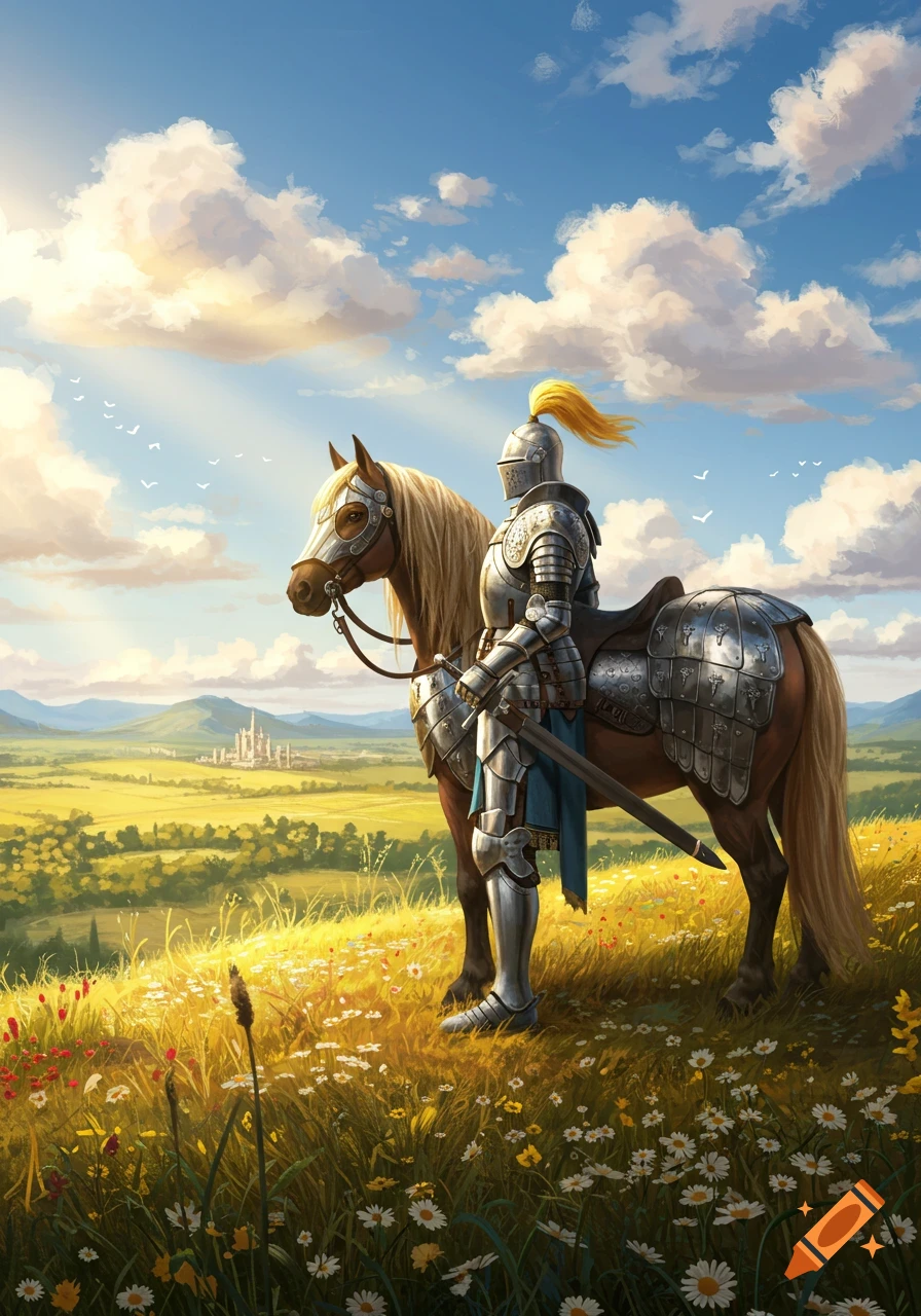 A knight in shining armor stands with his horse on a sunny hill of wildflowers, overlooking a vast fantasy landscape with a distant castle.