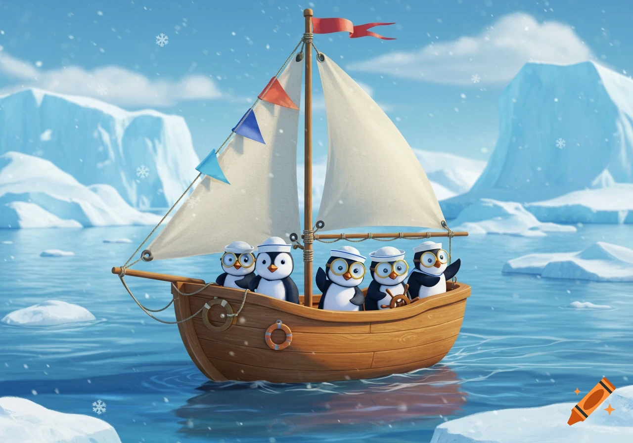 Five cartoon penguins in sailor hats and glasses sail a wooden boat through a snowy arctic ocean with icebergs.