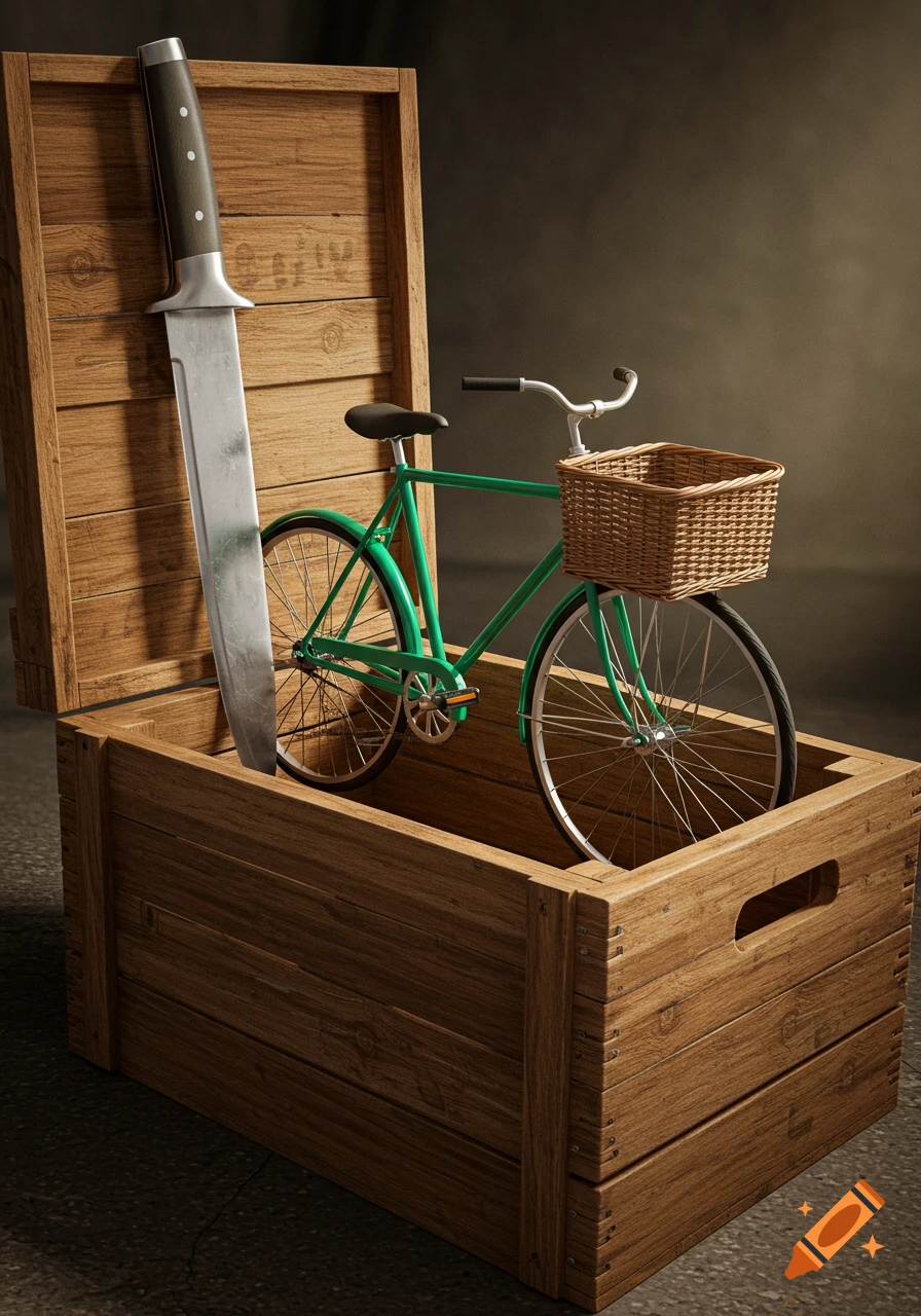 A green bicycle and a large knife inside an open wooden crate, photorealistic.