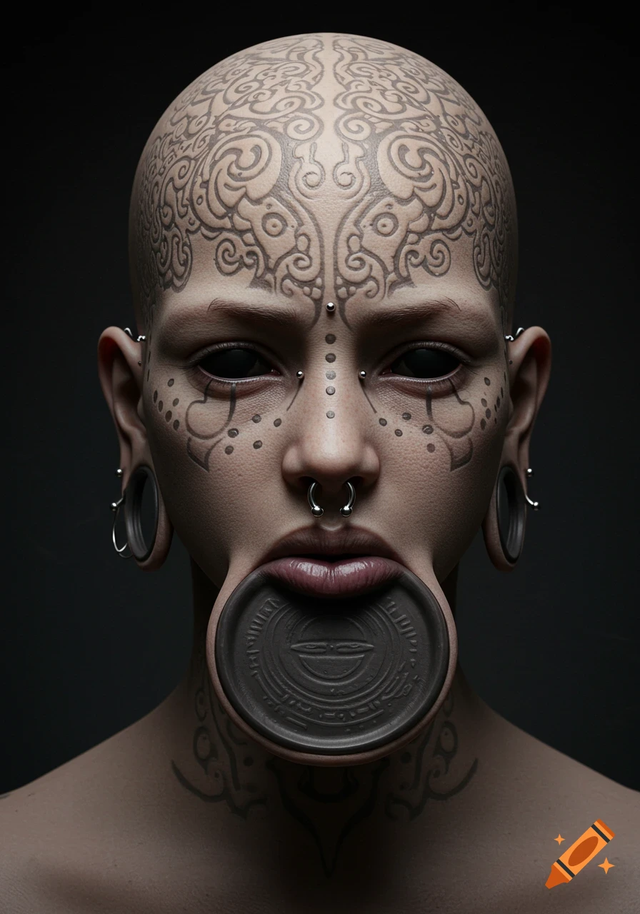 Realistic portrait of a pale woman with intricate head tattoos, black eyes, large ear gauges, a huge African lip plate, and facial piercings.