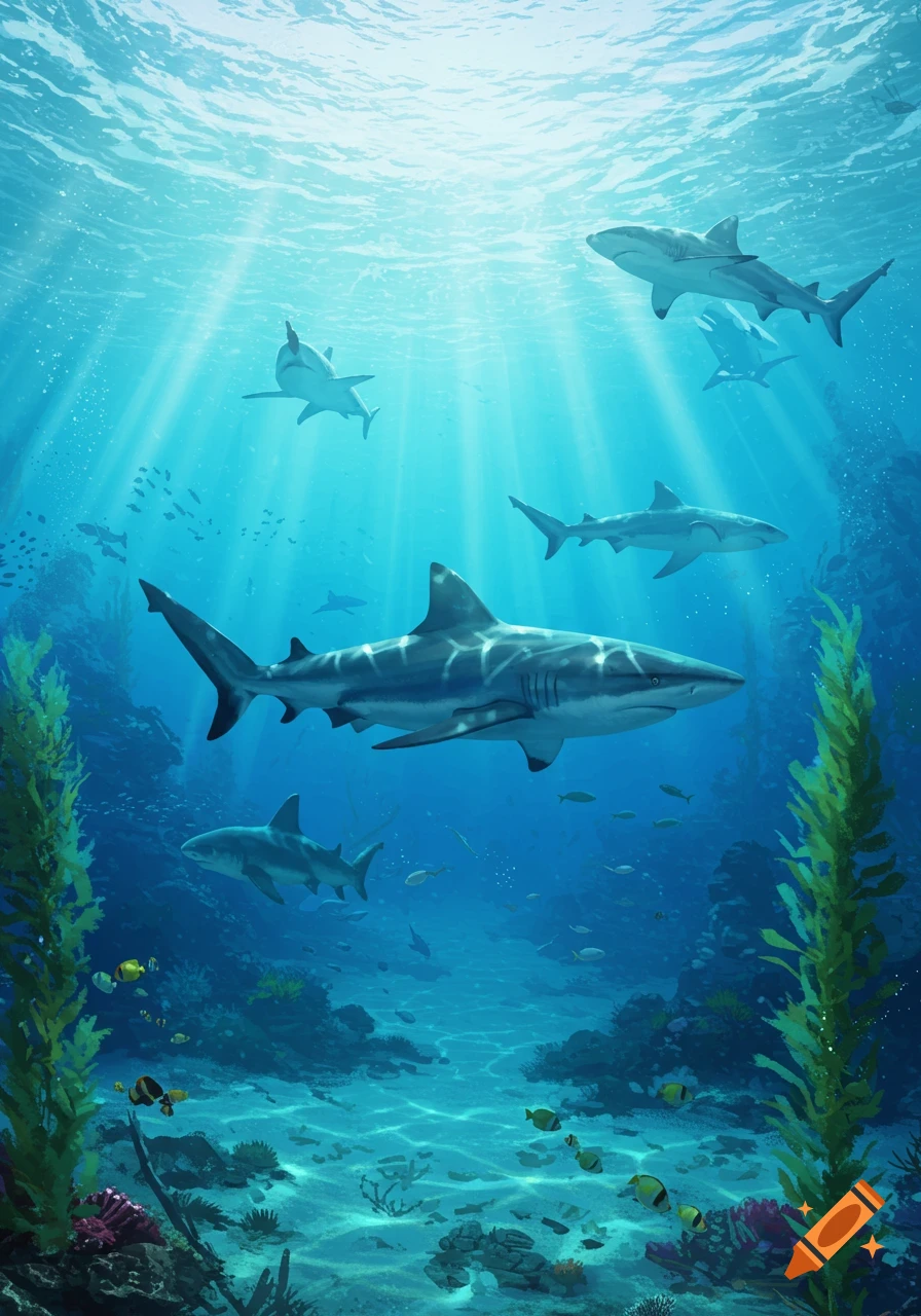 Multiple sharks swim in bright blue ocean water with sun rays, surrounded by seaweed and small fish.