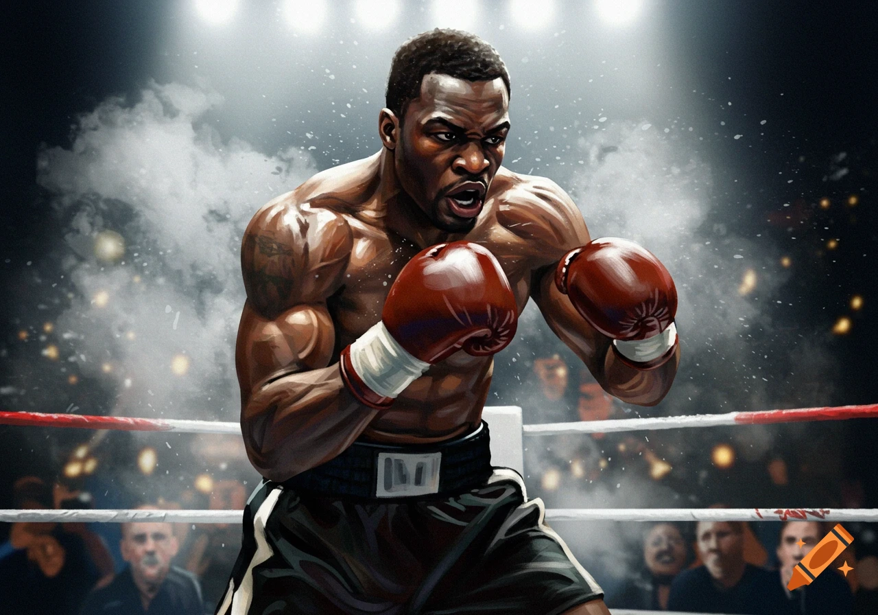 Muscular Black male boxer in red gloves and black shorts in a boxing ring, under bright lights, digital illustration.