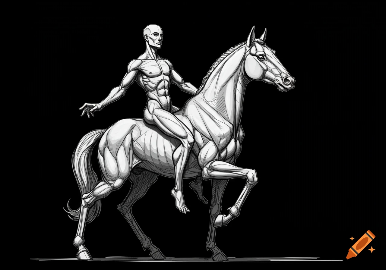 Black-and-white Art Deco style digital sketch of a muscular, anatomically detailed human figure riding a similarly muscular horse.