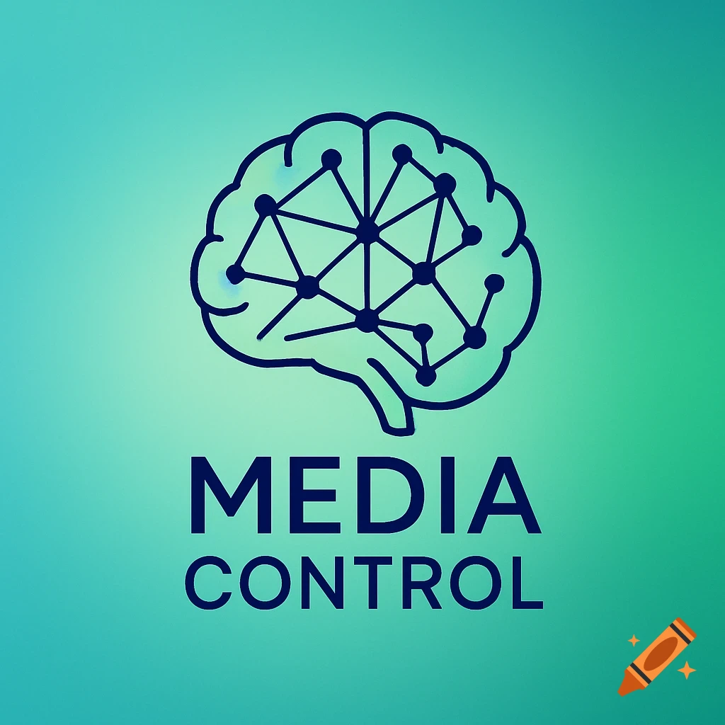 A dark blue brain icon with a neural network design, above the text "MEDIA CONTROL" on a green to teal gradient background.
