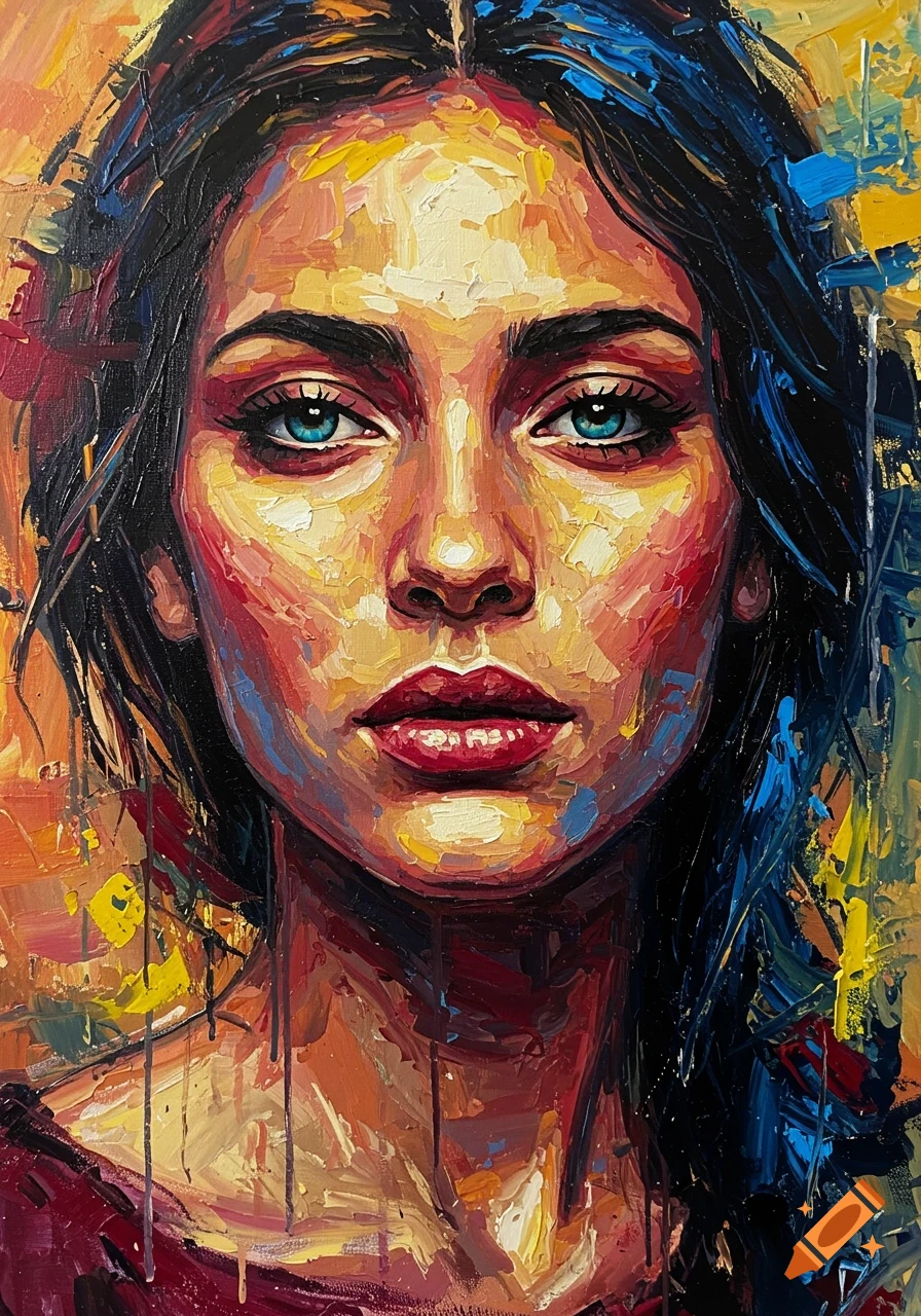 Close-up oil painting portrait of a woman with vibrant, exaggerated colors and visible brush strokes.