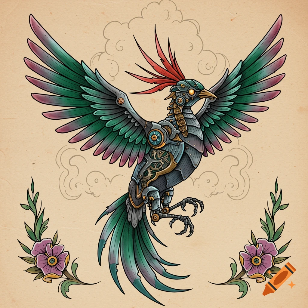 A colorful steampunk mechanical bird with green and pink wings, red head feathers, and visible gears, in traditional tattoo style.