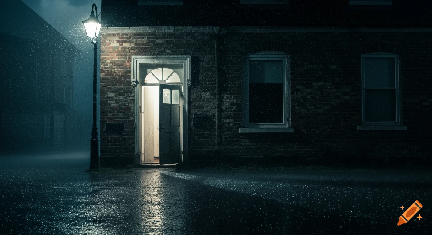 A moody, cinematic night scene of an old brick house in the rain, with a street lamp illuminating the wet pavement and an open front door.