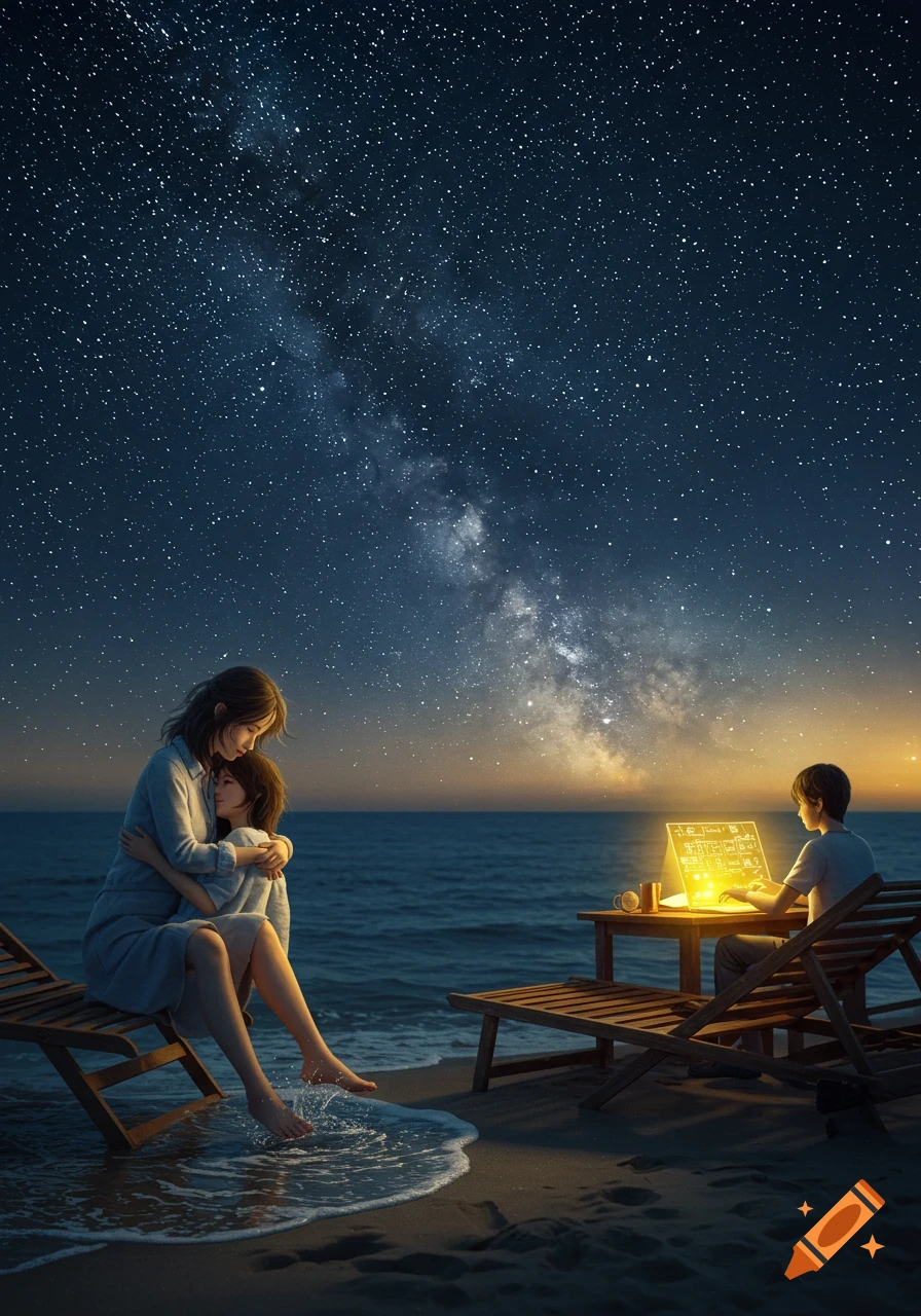 A couple embraces on a beach at night under a vast starry sky with the ...