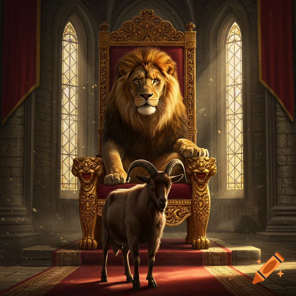A majestic lion sits on a golden royal throne in a grand hall, with a ...