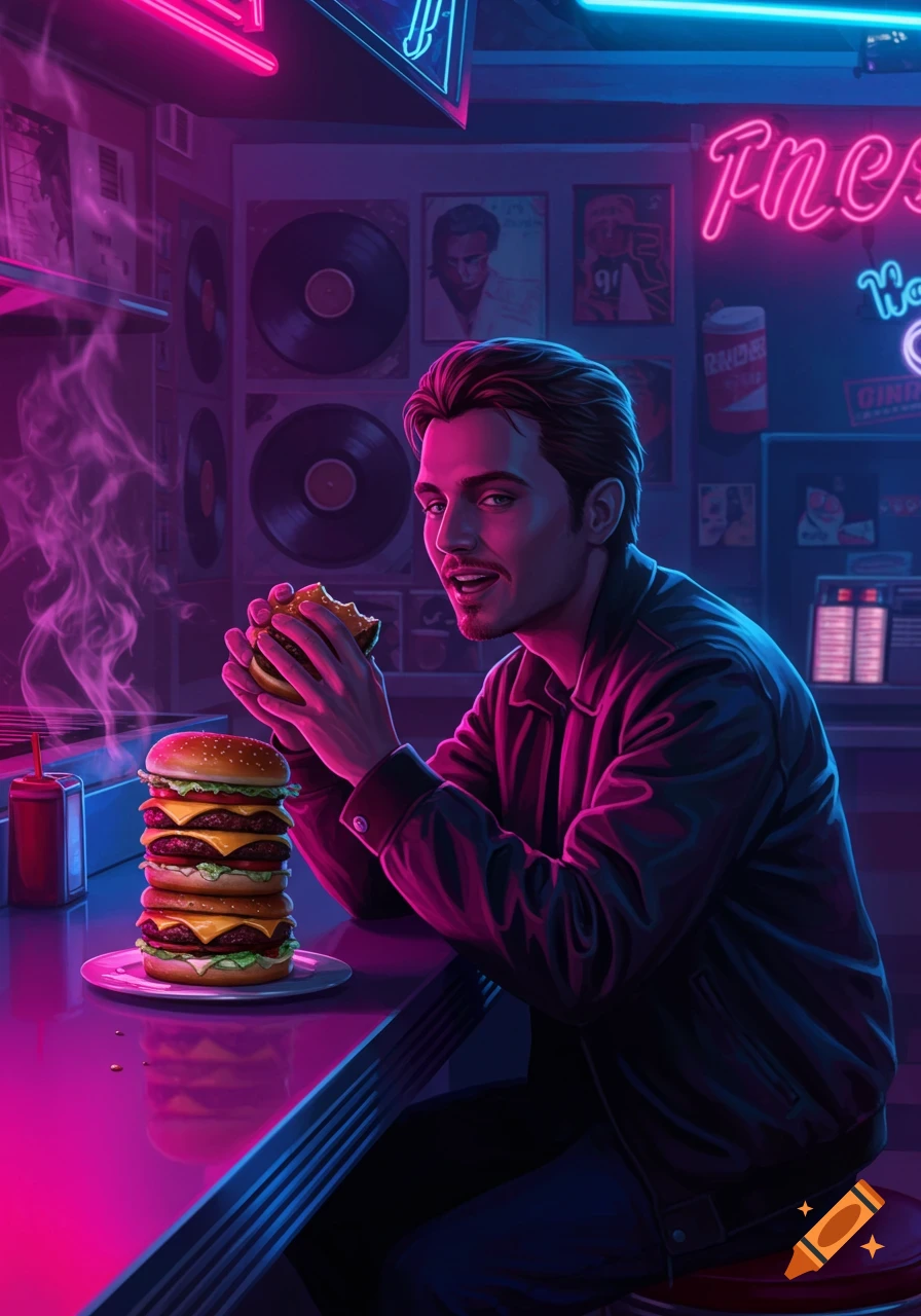 Illustrative image of a man eating a burger at a neon-lit retro diner counter, with a tall stack of burgers on the side.