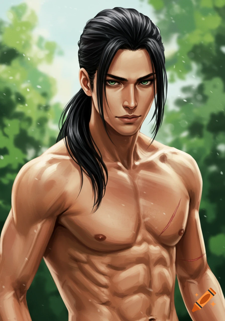Muscular male character with long black hair tied in a ponytail and piercing green eyes, anime art style.