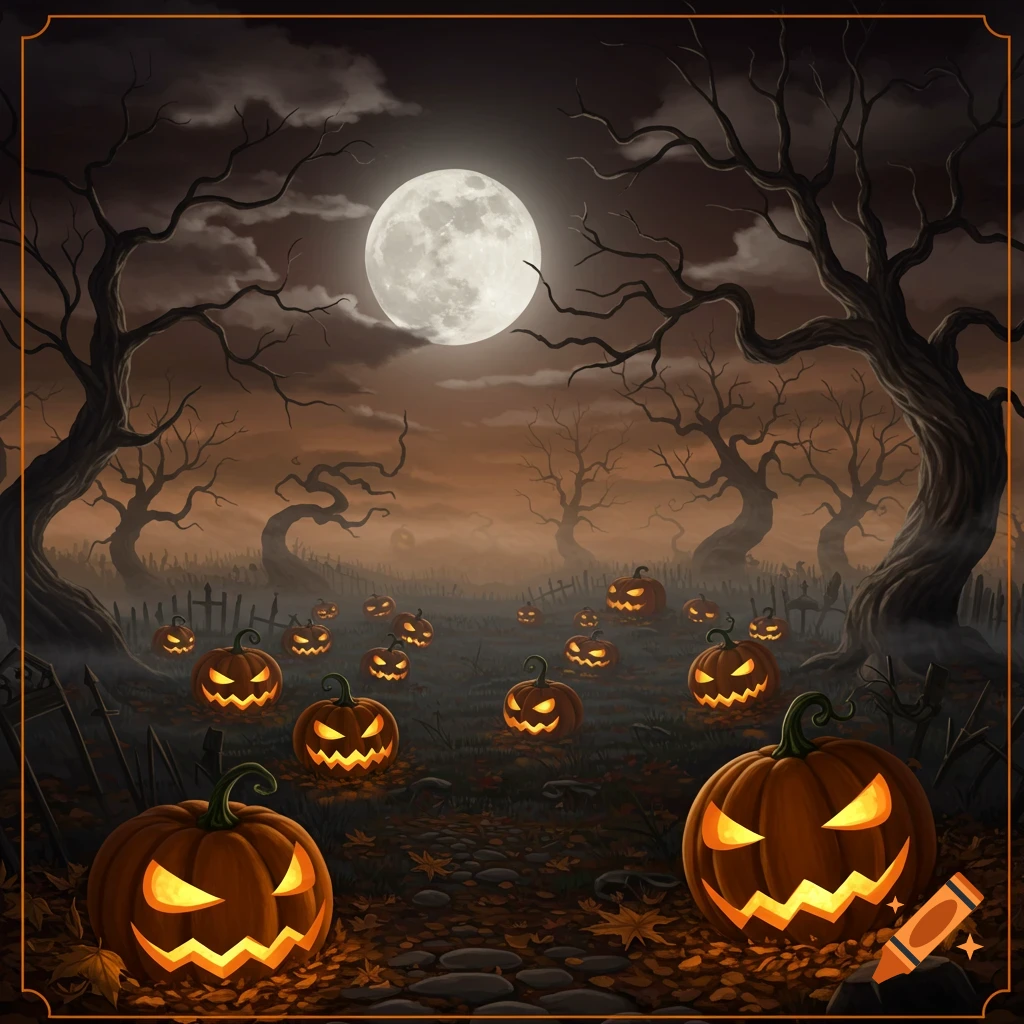 A spooky Halloween night scene featuring many glowing jack-o'-lanterns in a field with fallen leaves, bare gnarled trees, and a bright full moon in a cloudy sky.