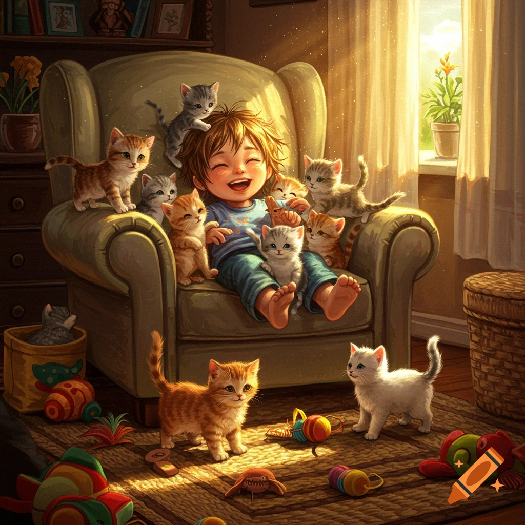 A joyful child sits on an armchair, surrounded by numerous cute kittens, bathed in warm sunlight from a window, in an illustrative style.