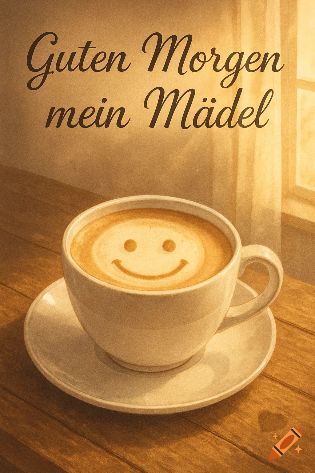 Warm-toned illustration of a coffee cup with smiley latte art on a wooden table, text "Guten Morgen mein Mädel".