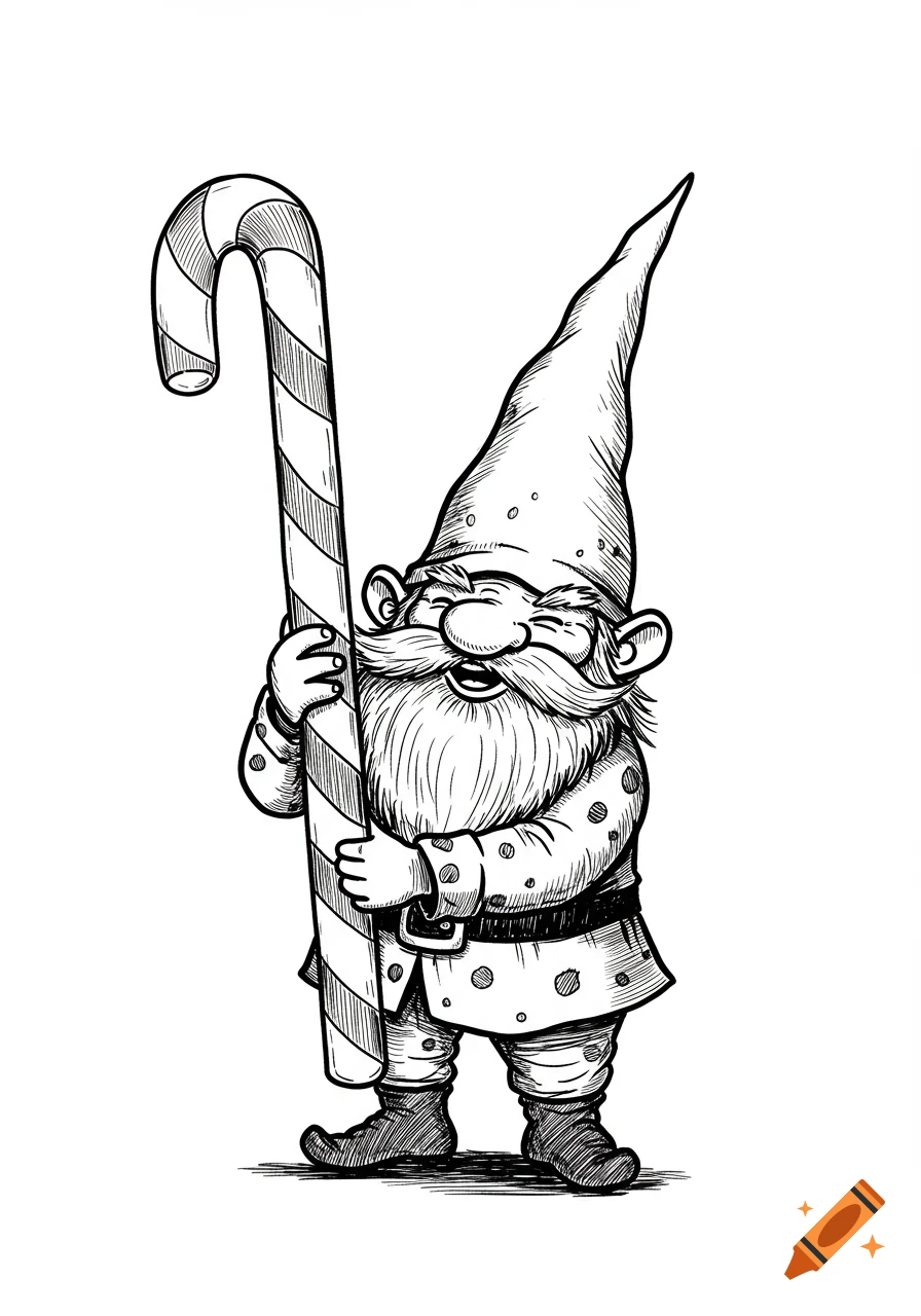 Black and white cartoon drawing of a smiling gnome holding a large candy cane.