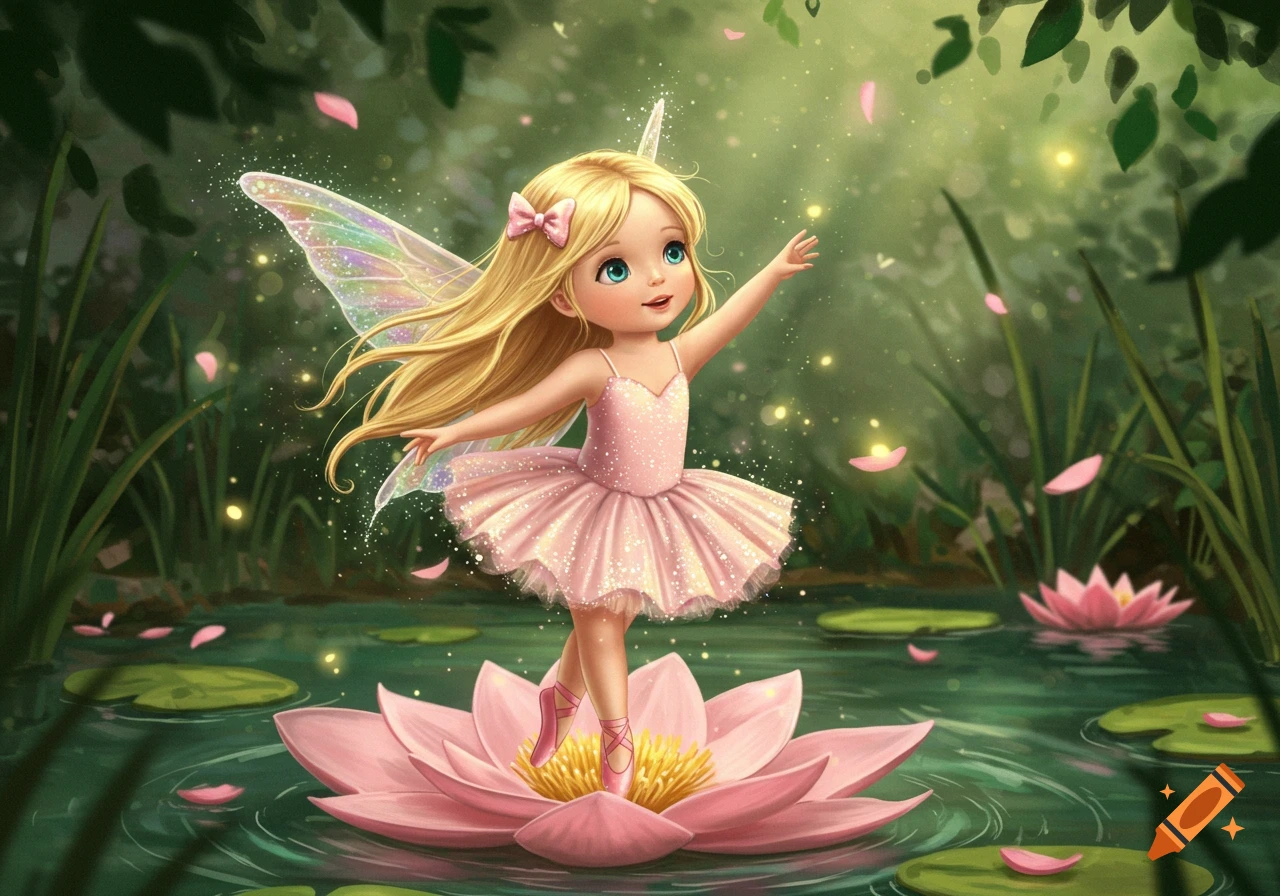 A blonde fairy ballerina in a pink tutu stands on a water lily in a magical forest pond, surrounded by glowing fireflies.