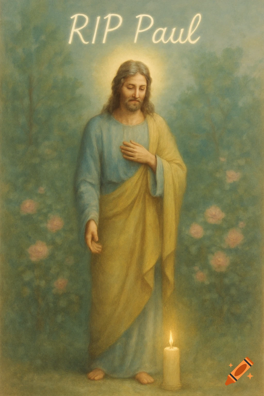 A painting of Jesus with a halo, wearing blue and gold robes, standing in a garden with a lit candle and text 'RIP Paul'.