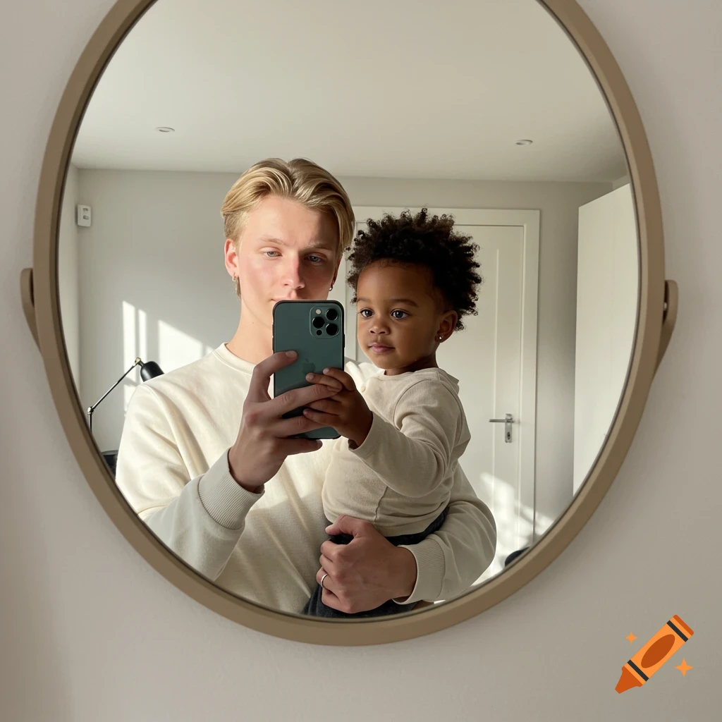 A young man with blonde hair holds a child with an afro in a mirror selfie. The child looks towards the right while the man looks at the phone.