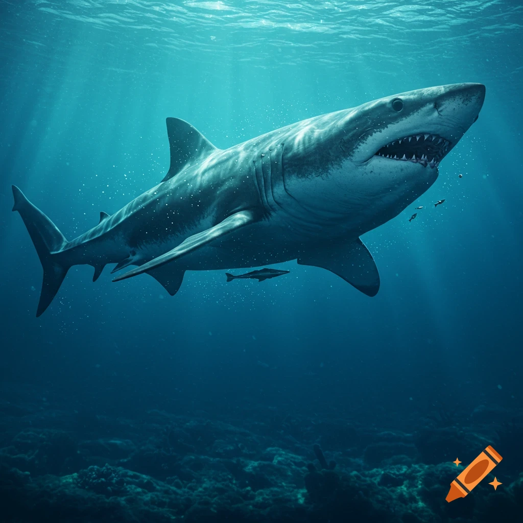 A large great white shark swims underwater, with sunlight rays visible from the surface and a darker ocean floor below.