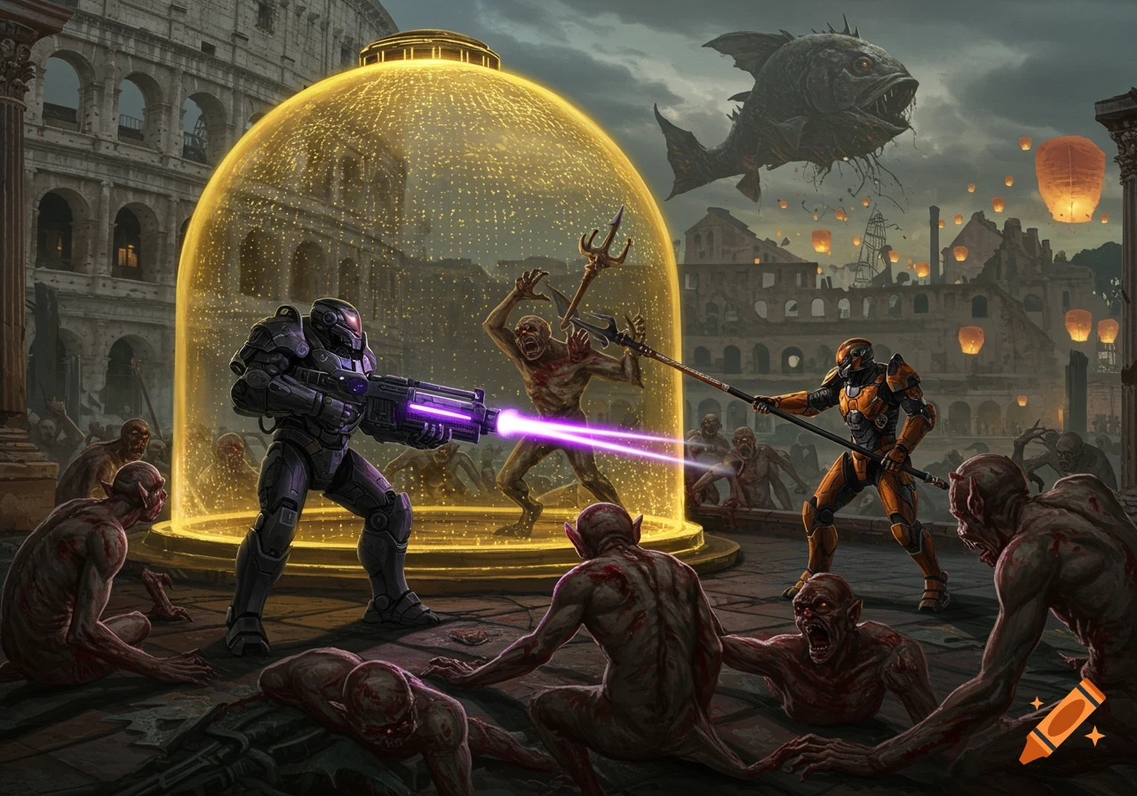 Futuristic soldiers fight zombie-like creatures under a golden energy dome in a ruined Rome, with a giant flying fish monster overhead.