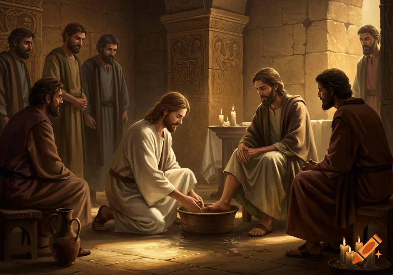 Jesus washes a disciple's feet in a warmly lit stone room with other disciples present, in a detailed painting.