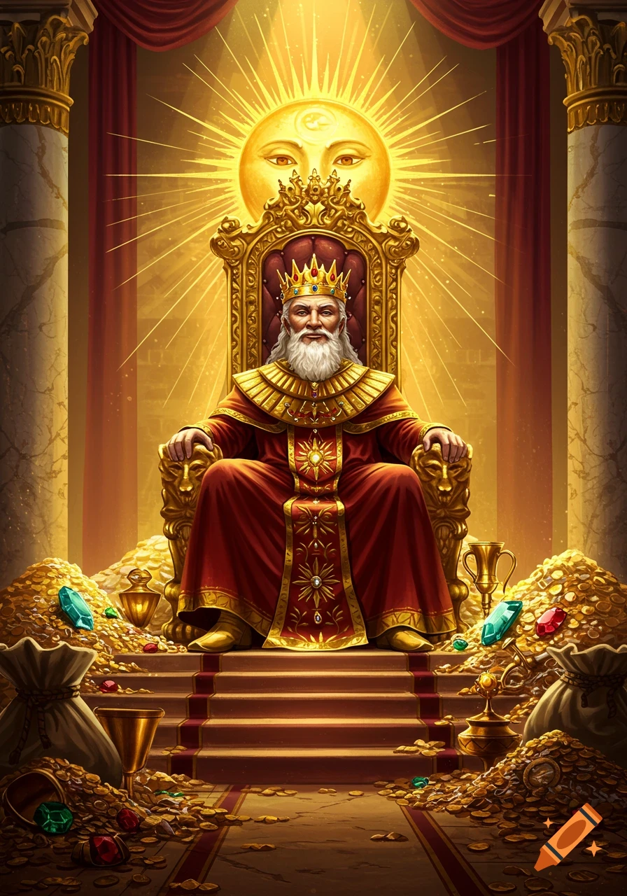 A regal king with a white beard and golden crown sits on a majestic throne amidst piles of gold and jewels under a radiant sun.