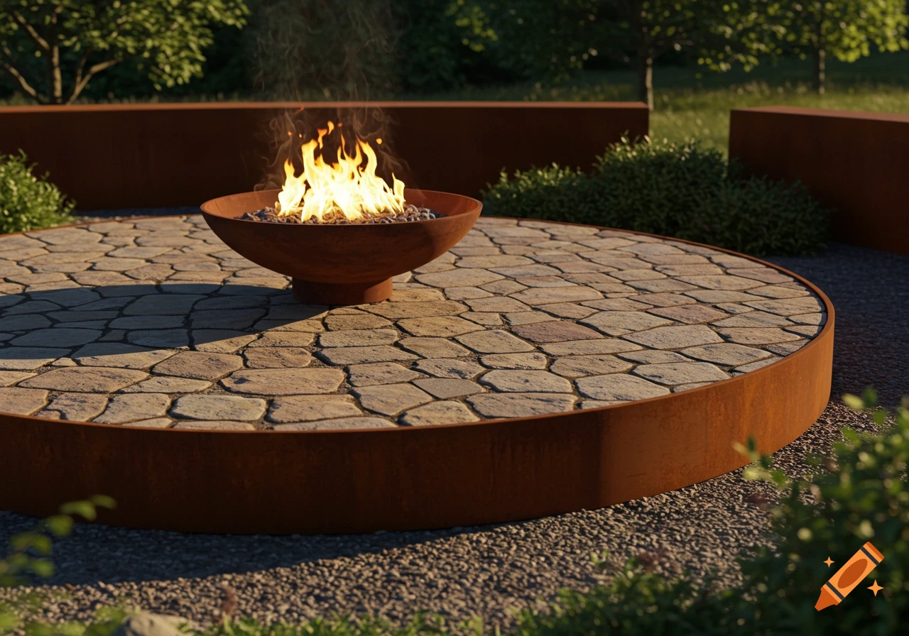 Photorealistic round patio with a Corten steel border, stone pavers, and a burning fire pit, surrounded by green foliage.