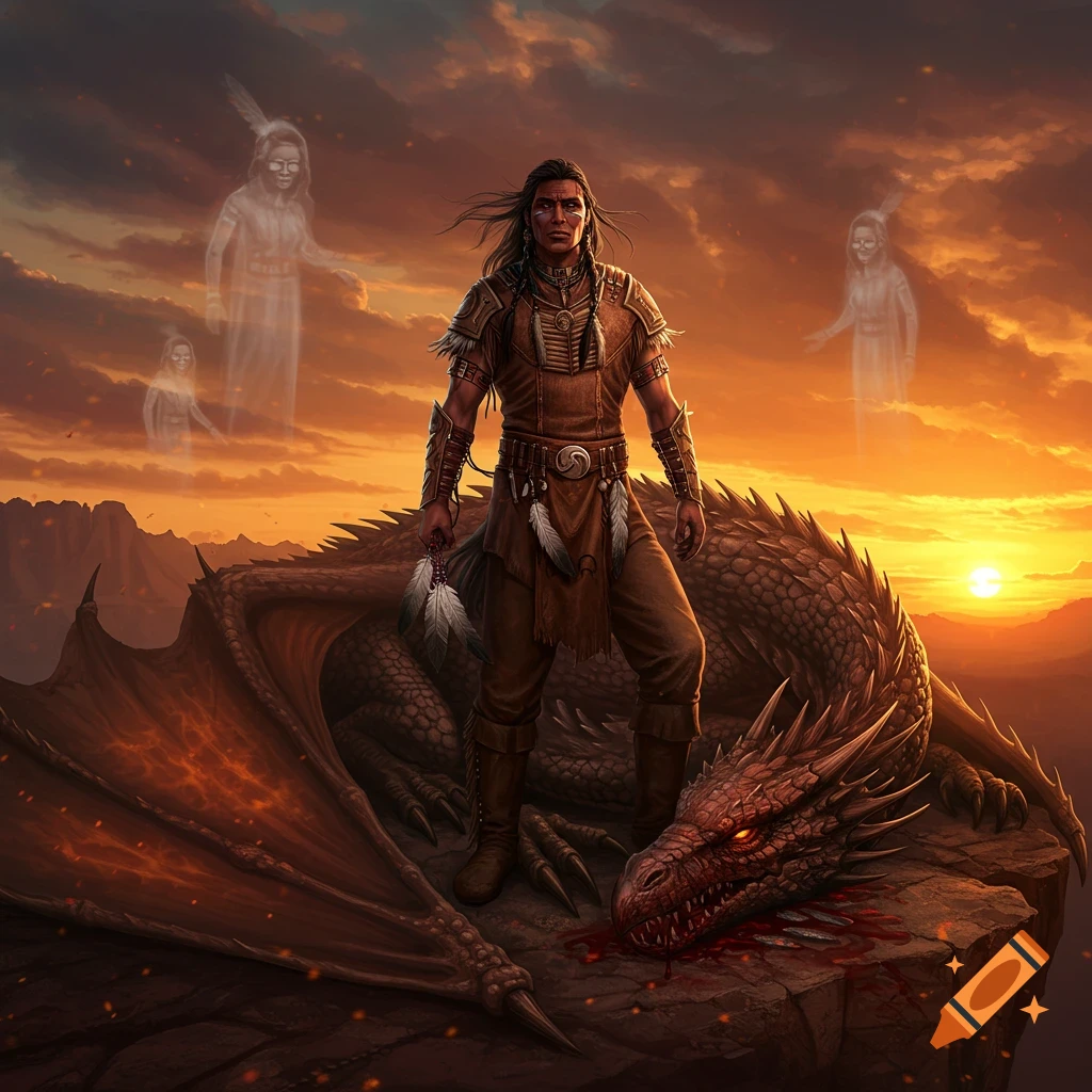 Native American warrior stands triumphantly over a defeated dragon on a cliff overlooking a sunset, with ethereal spirits floating nearby.