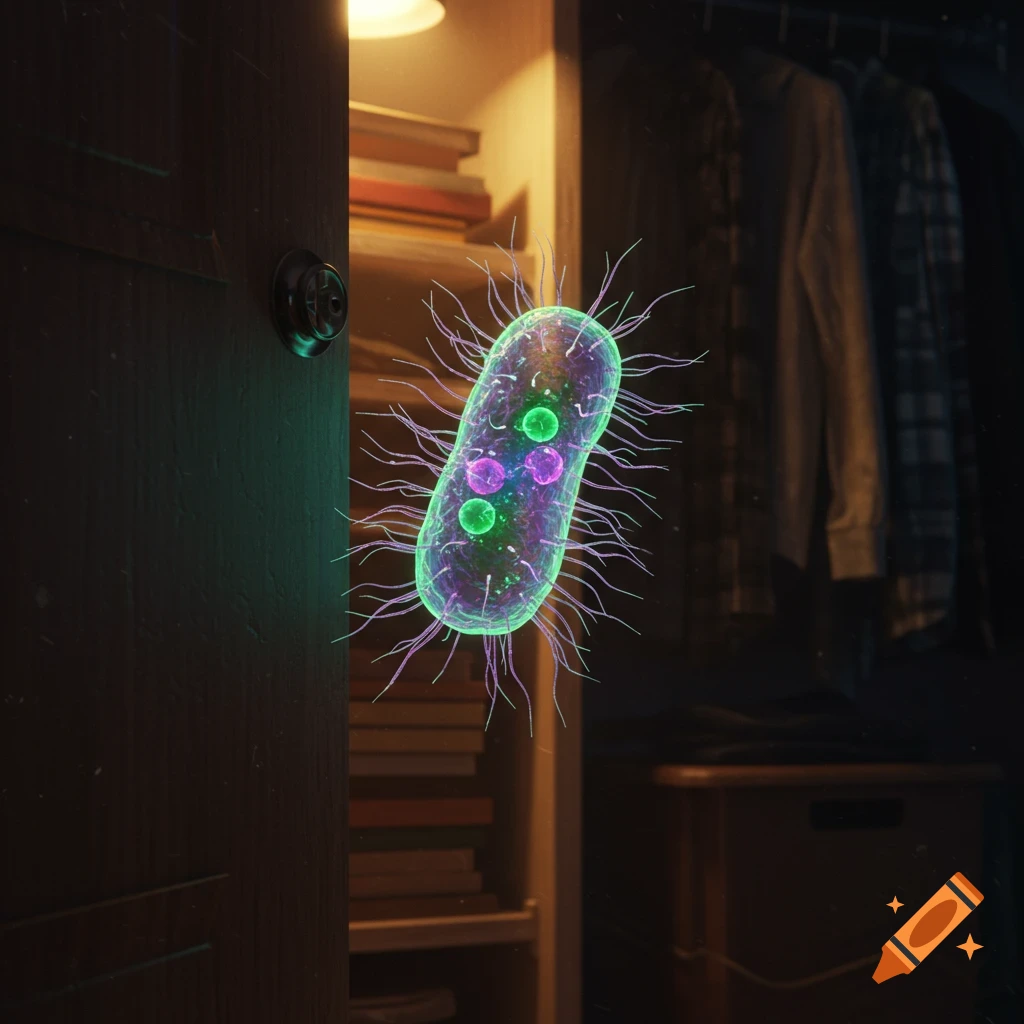 A large, glowing green and purple bacterium floats in front of an open, dimly lit closet filled with books and clothes.