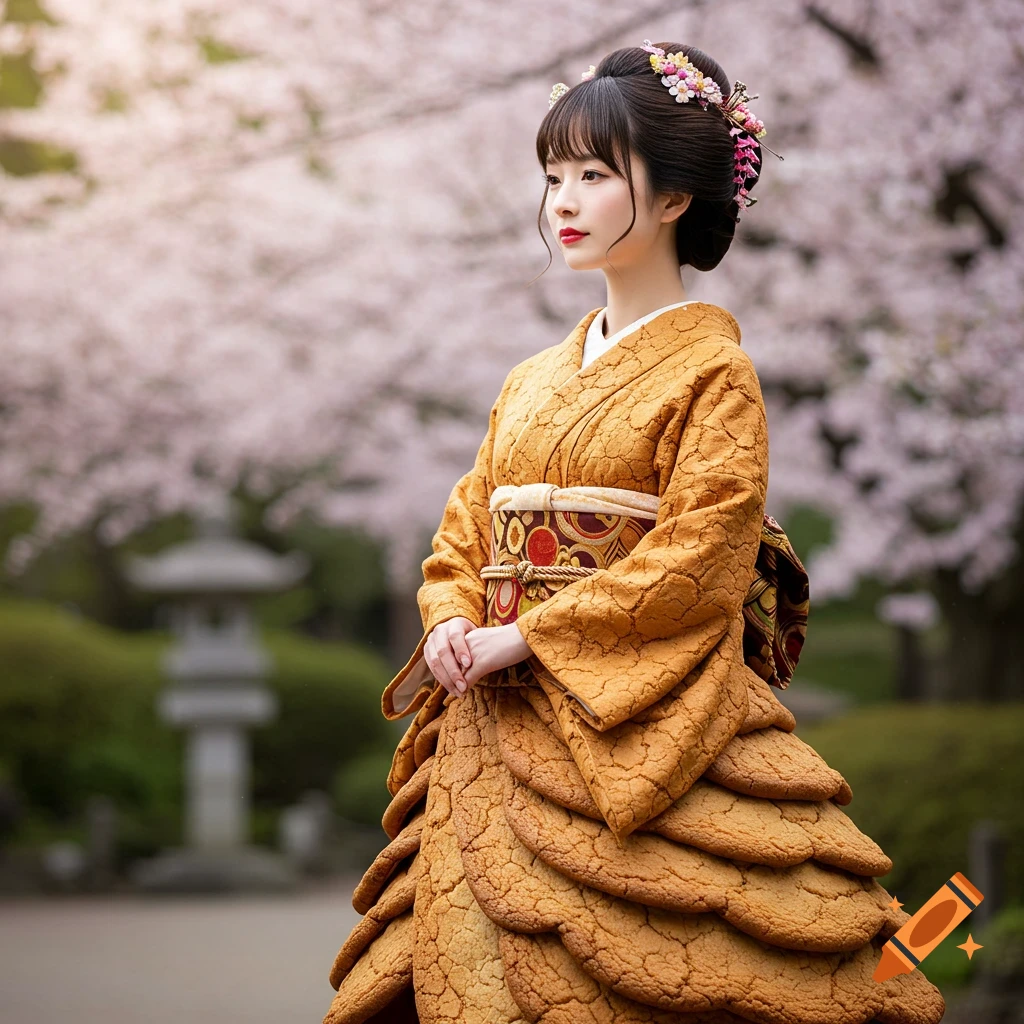 A Japanese woman in a golden cookie dough dress stands in a cherry blossom garden.