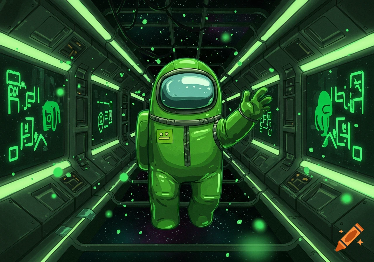 A green Among Us character waves in a neon green spaceship corridor filled with glowing alien text.