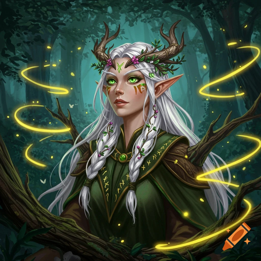 A white-haired female elf with green eyes, antlers, and face paint, wearing a green tunic, stands in a mystical forest with glowing light trails.