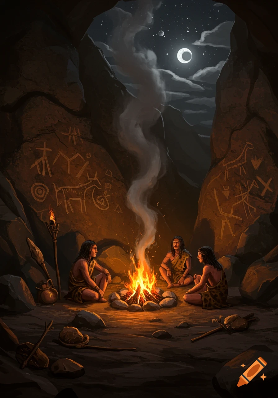 Three prehistoric people sit around a campfire in a cave with ancient rock art under a moonlit sky, painted style.