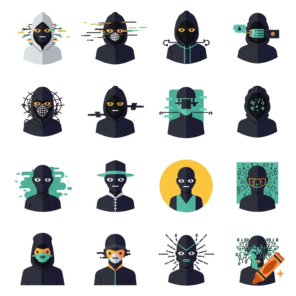 A grid of 16 minimalist flat vector icons, each depicting a stylized hacker figure in a hood or mask with various tech-themed elements and glitch effects.