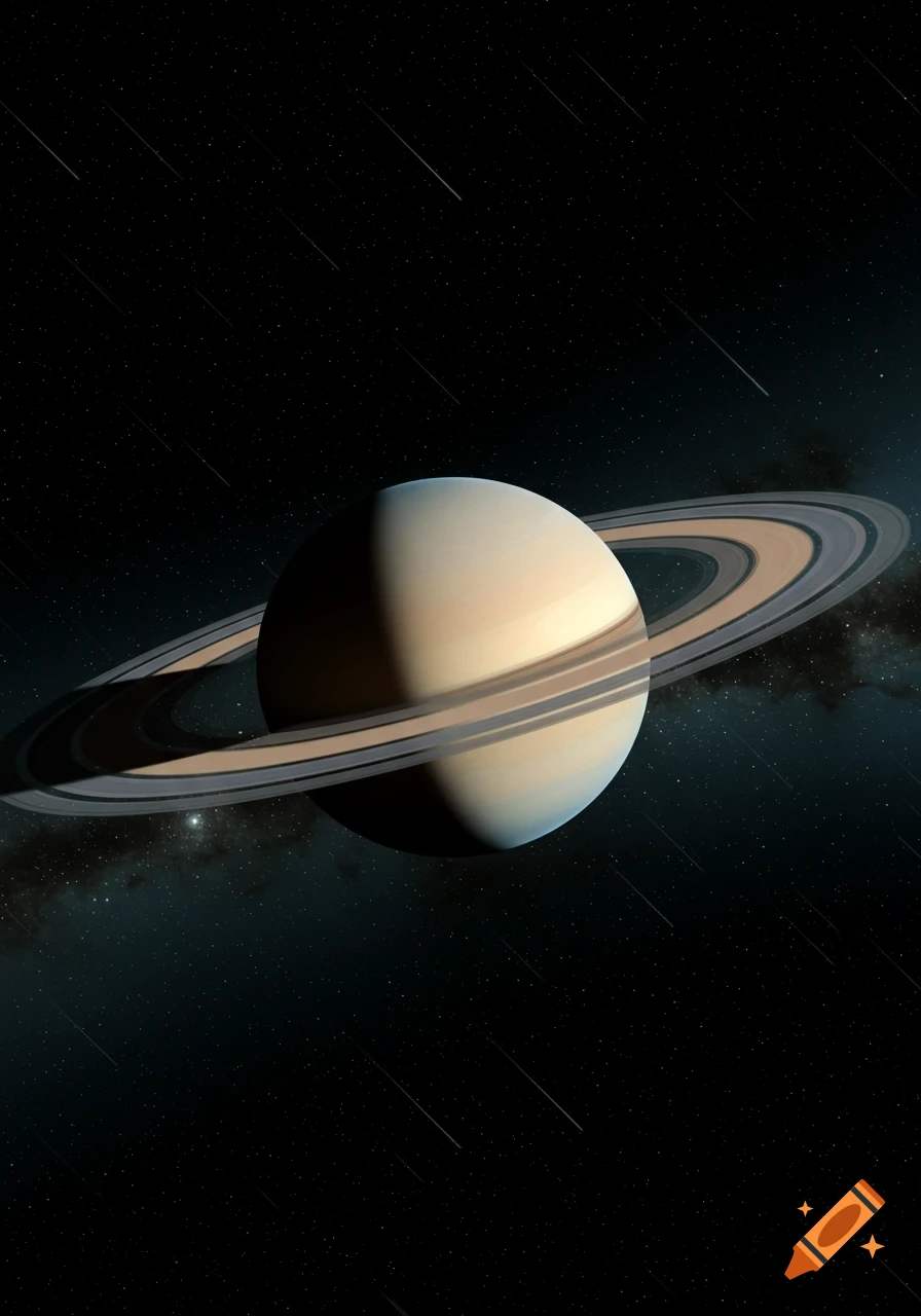 Saturn and its rings float in the dark expanse of space, surrounded by numerous stars and faint streaking lights.