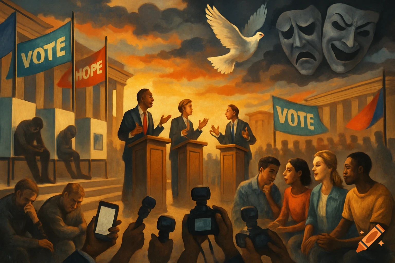 A stylized oil painting depicts a political debate with three speakers at podiums, a crowd, and flags reading 'VOTE' and 'HOPE' against a dramatic sky with a dove and theater masks.