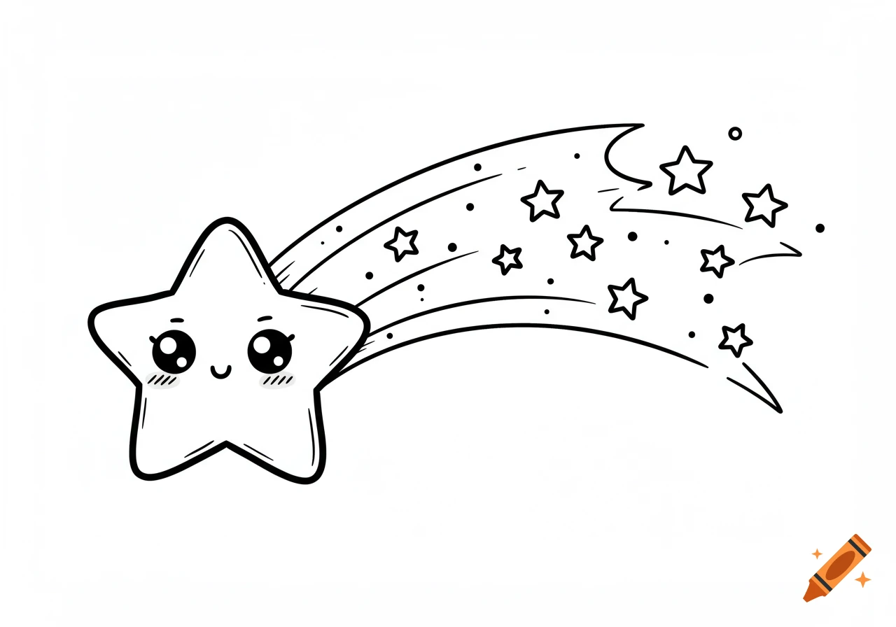 A cute kawaii style shooting star with a smiling face, leaving a trail of smaller stars and dots, in black and white line art.
