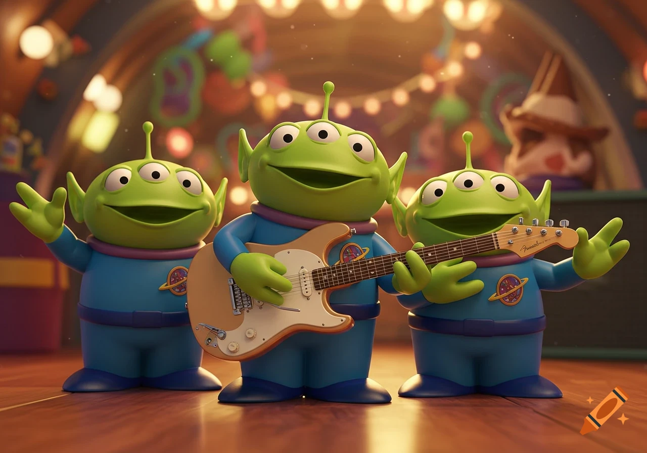 Three cheerful green alien toys from Toy Story, one playing a guitar, in a vibrant, cartoonish Pixar style.