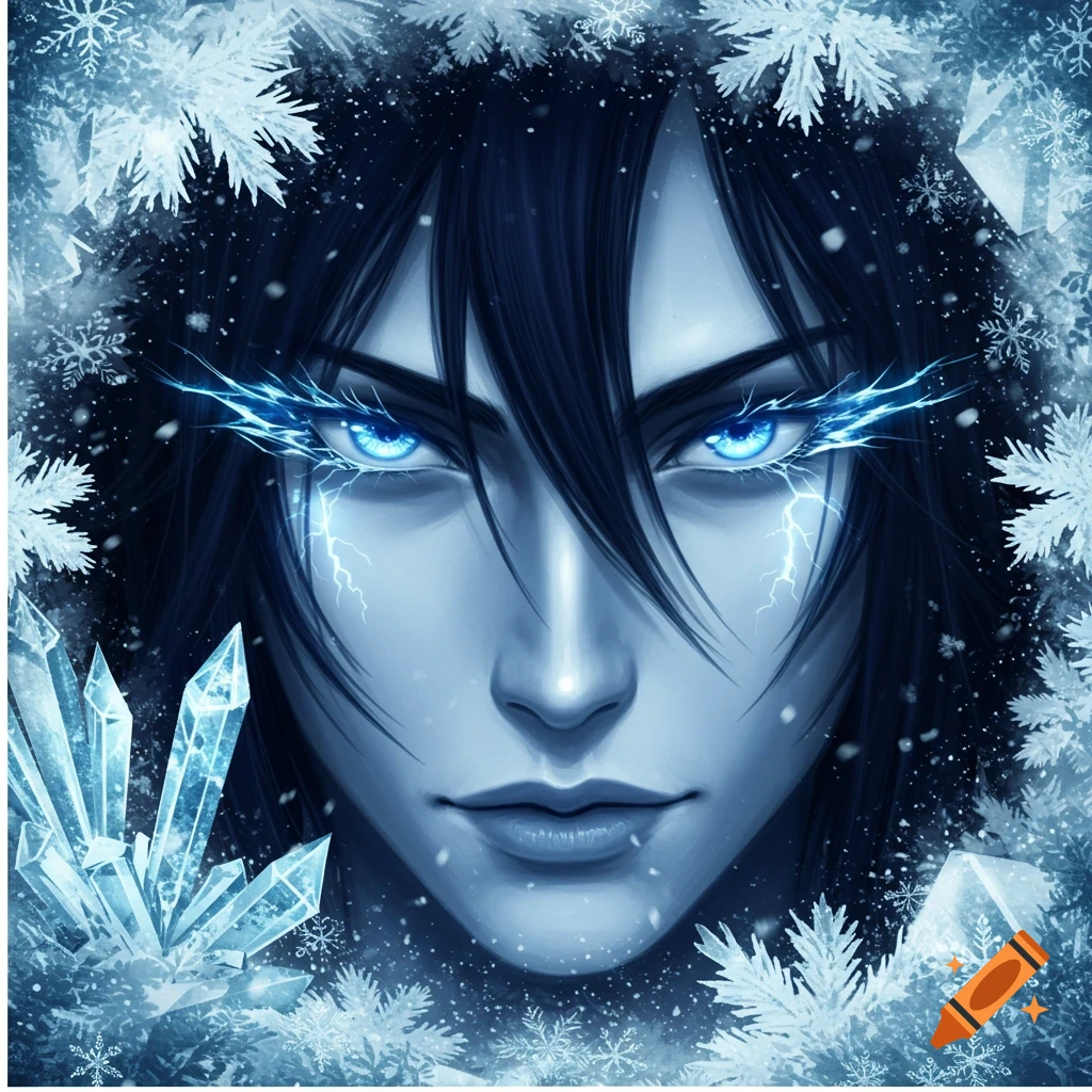 Close-up of an anime character's face with dark hair, glowing ice-blue eyes, and lightning-like streaks, surrounded by ice crystals and snowflakes.