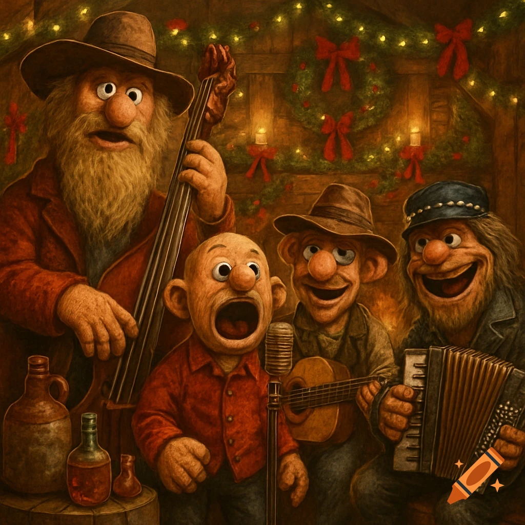A bluegrass band of four Jim Henson-style puppet dolls plays music in a Christmas-decorated barn with jugs and bottles.